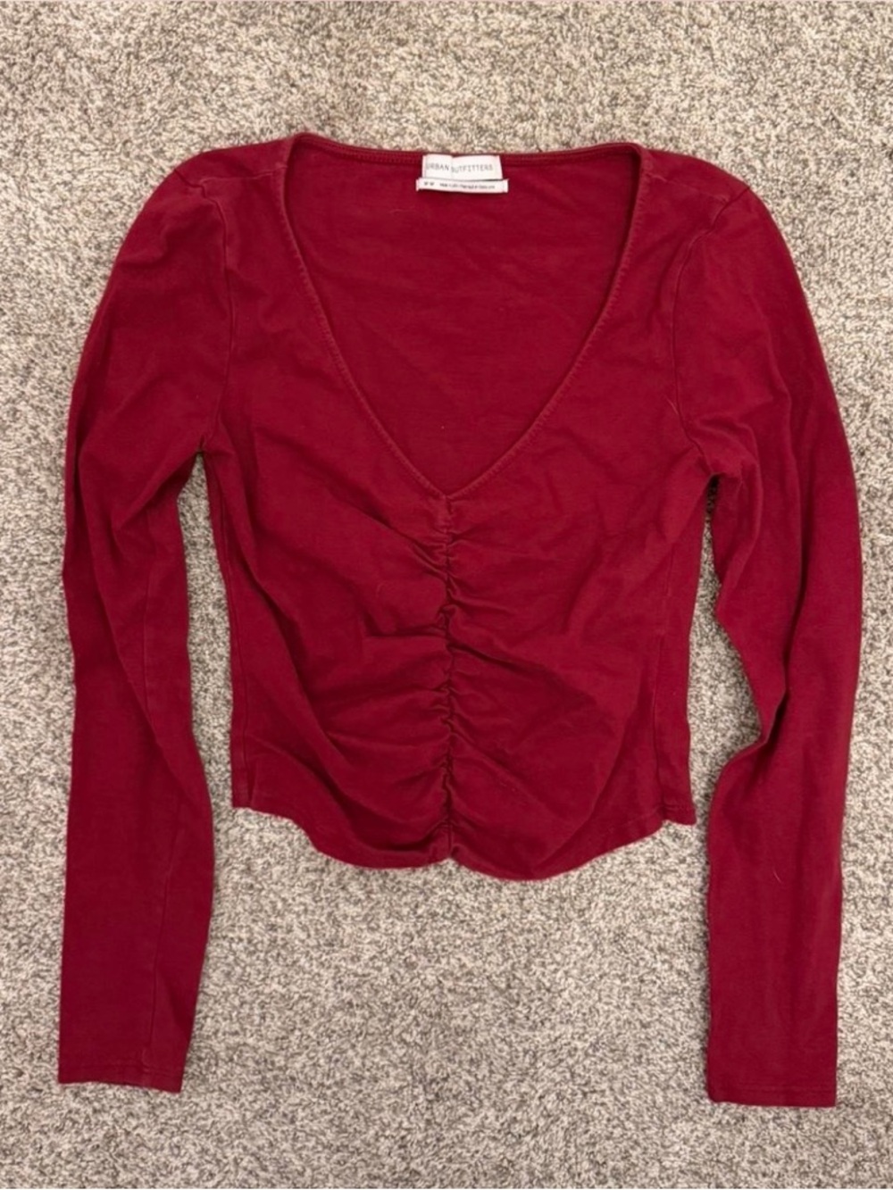 Urban Outfitters Burgundy Ruched V-Neck Long Sleeve Top